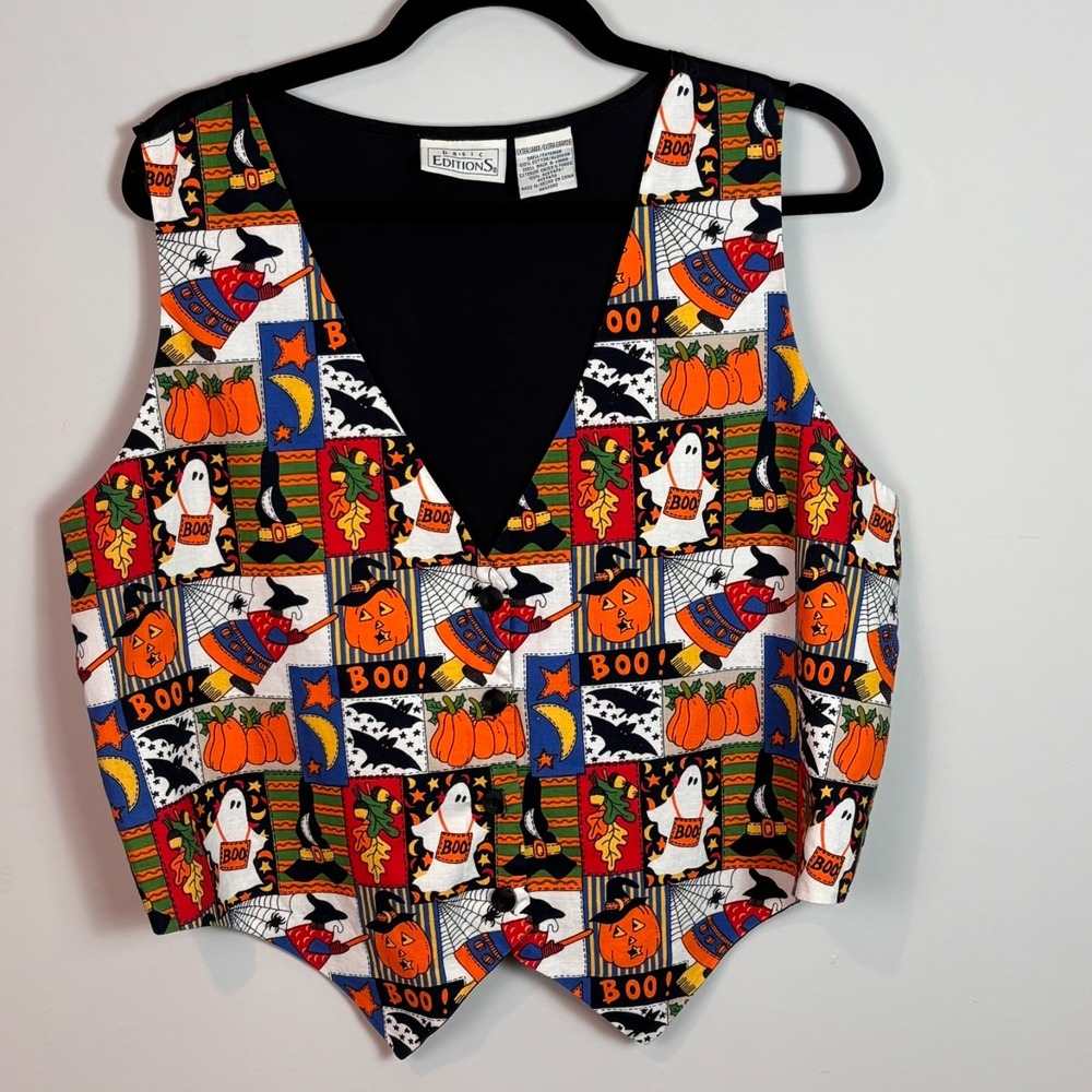 VTG Basic Editions Womens Halloween novelty print patchwork design vest XL Reto
